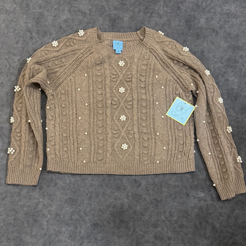NWT Women CECE brown embellished pearl oversize sweater cable knit crew medium